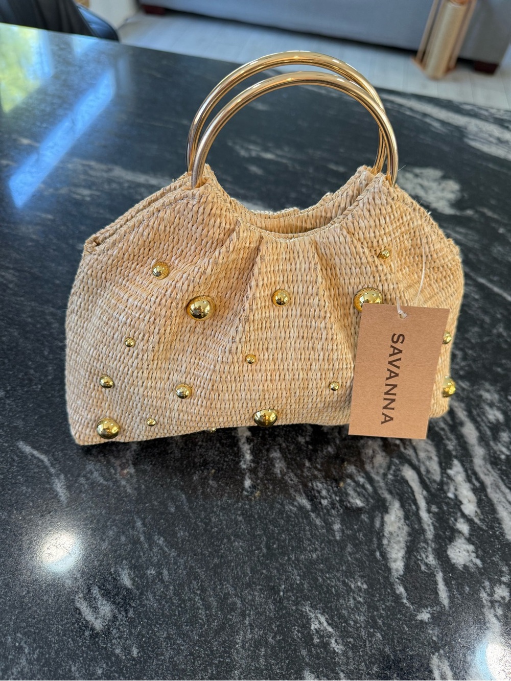 Savannah Natural Straw Mini Handbag with Gold Studs & Chain - Picture 11 of 14